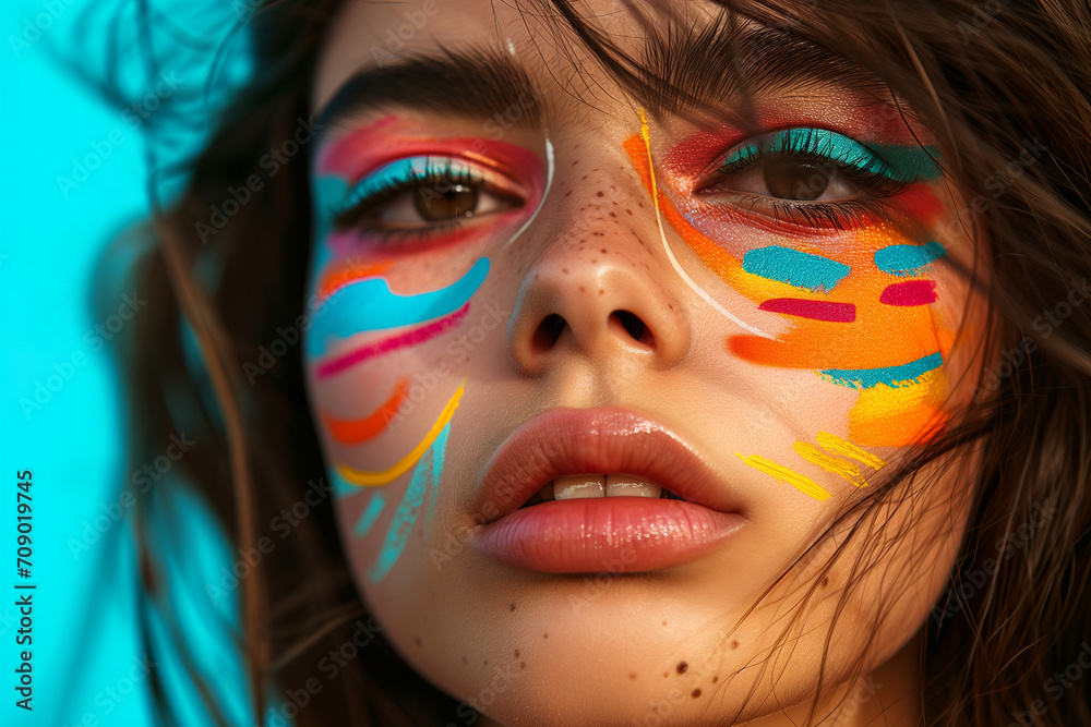 Art portrait of young woman, fashion model with abstract geometrical drawings by modern one line style technique. Contemporary art, beauty, colors, glamour, inspiration. New look of paintography. Art portrait of young woman, fashion model with abstract geometrical drawings by modern one line style technique. Contemporary art, beauty, colors, glamour, inspiration. New look of paintography.