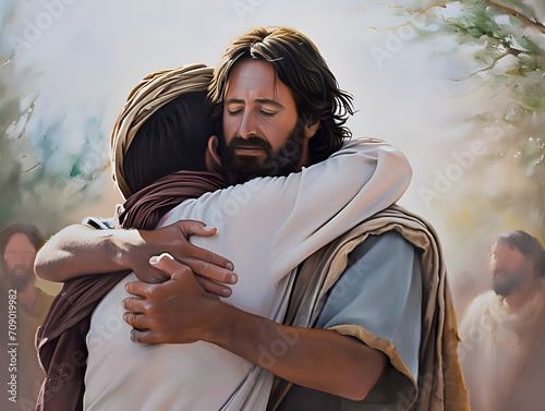 Jesus Christ hugging and comforting a man, oil painting photo