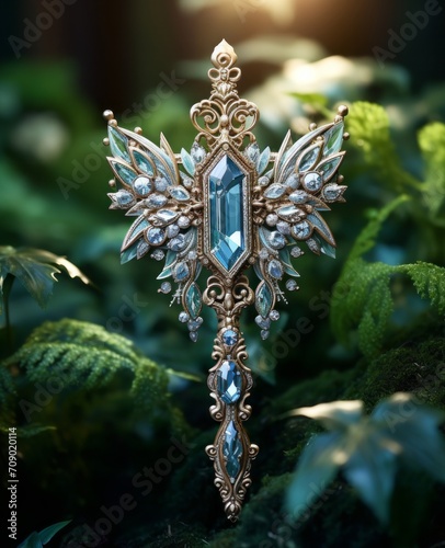 Beautiful adamantine key decorated with shining white diamonds and pearls. © piumi