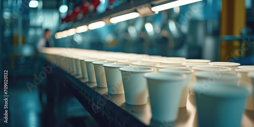 Paper white Cups on Production Line in Factory, closeup. Row of eco-friendly paper cups on a conveyor belt in a manufacturing plant, branding and packing. photo