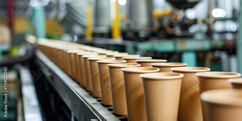 Paper beige Cups on Production Line in Factory, closeup. Row of eco-friendly paper cups on a conveyor belt in a manufacturing plant, branding and packing. photo