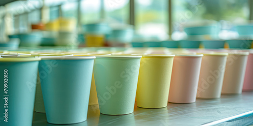 Paper pastel colors Cups on Production Line in Factory, closeup. Row of eco-friendly paper cups on a conveyor belt in a manufacturing plant, branding and packing. photo