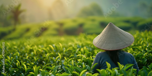 Serene Tea Plantation Morning work. Vietnamese worker in conical hats tending lush tea garden.