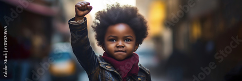 Young girl with fist raised high  symbolizing hope and strength. African American History or Black History Month concept. Celebrated annually in February in the USA and Canada
