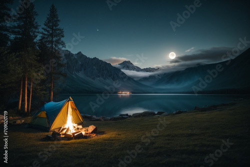 Night Camping Under the Stars with Bonfire Glow