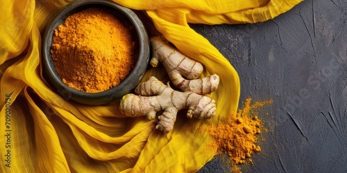 Vibrant Turmeric Powder and Root. Fresh turmeric root beside bowl of bright yellow dry powder. Fabric in the background  copy space.