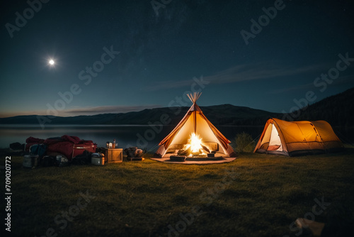 Night Camping Under the Stars with Bonfire Glow
