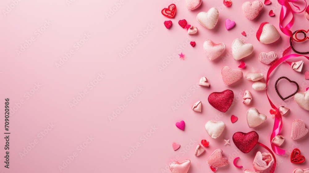 Valentine's day background with hearts and ribbon on pink background. AI generated
