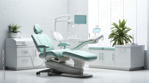Dentist's office interior with a contemporary chair and unique element isolated against a white background photo