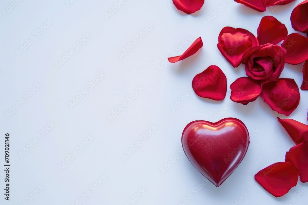 Red heart and rose petals on white background. Valentines day background. AI generated