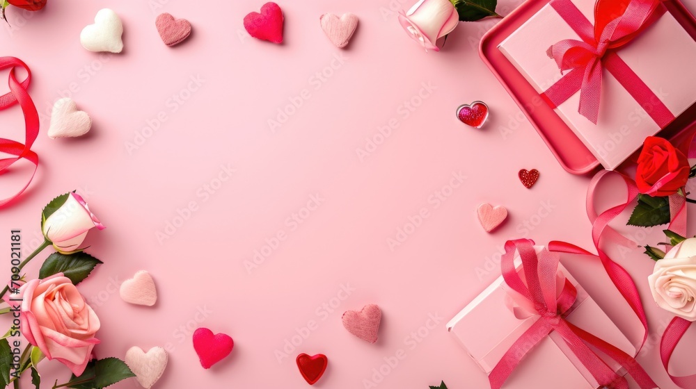 Valentine's day background with roses and gift boxes on pink background. AI generated