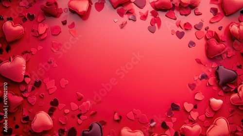 Valentine's day background with red hearts and copy space on red background. AI generated