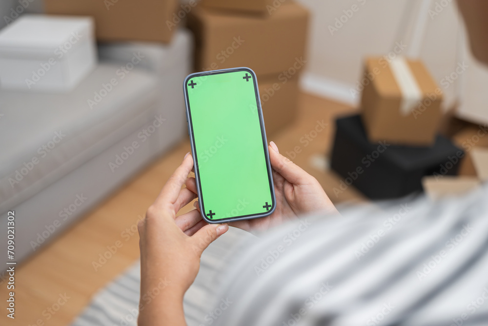 Woman stands with mobile phone in hands among carton boxes leafing through various sites for selecting furniture for new interior of recently completed apartment Woman stands with mobile phone in hands among carton boxes leafing through various sites for selecting furniture for new interior of recently completed apartment