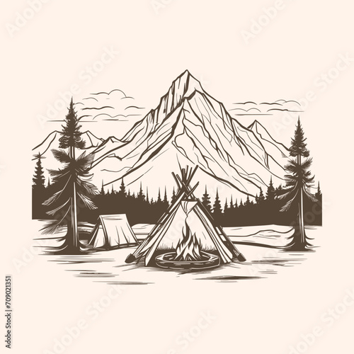 Vector hand sketch campfire with mountains and trees outline