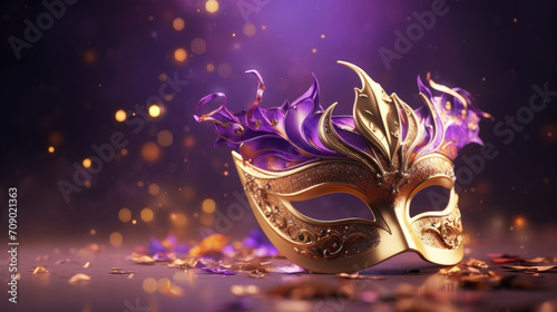 A stunning Venetian mask adorned with gold trim and purple feathers on a glittering background. © red_orange_stock