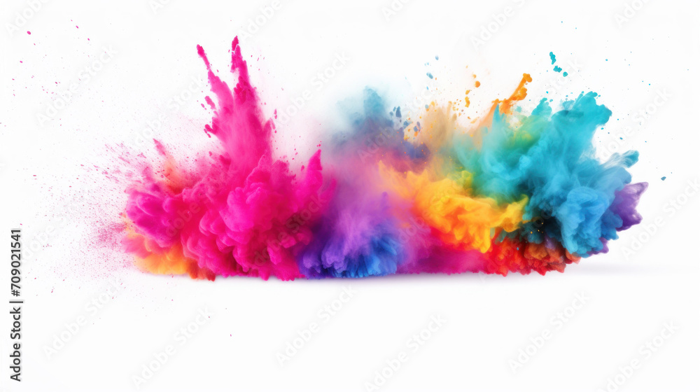 Explosion of vibrant multicolored smoke creating an abstract cloud on a white backdrop.
