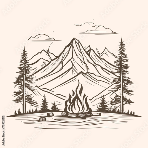 Vector hand sketch campfire with mountains and trees outline