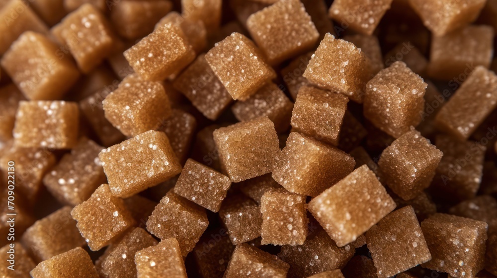 A detailed macro shot shows the grainy texture of stacked brown sugar cubes.