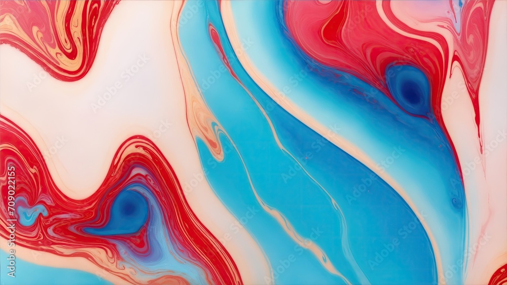 Red and blue color with golden lines liquid fluid marbled texture background
