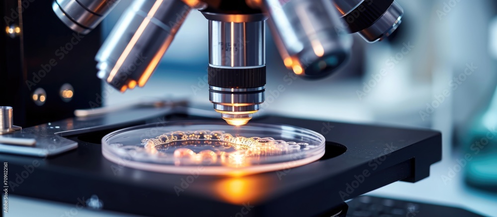 Closeup photo of a modern IVF micromanipulator in a laboratory, with a Petri dish and selective focus on egg freezing during in vitro fertilization. Closeup photo of a modern IVF micromanipulator in a laboratory, with a Petri dish and selective focus on egg freezing during in vitro fertilization.