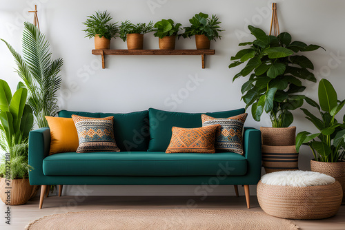 House with cozy boho ethnic interior in living room, pillows, cushions, green plants in flower pot, couch or sofa and decoration at home