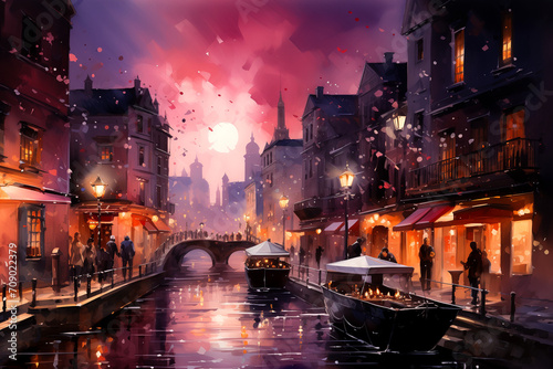 Italian Venice Celebrating Carnival, Luminous Watercolor Art Depicting the Vibrancy of Venetian Carnival Celebrations in the Streets on a Pink Night photo