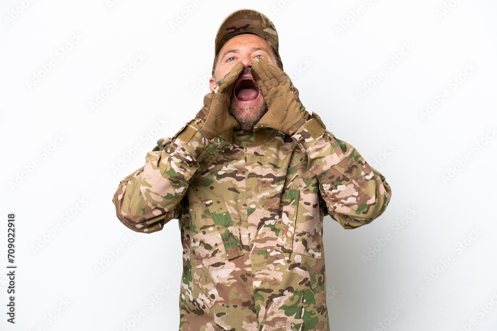 Military man isolated on white background shouting and announcing something Military man isolated on white background shouting and announcing something