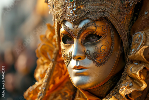 Man in Italian Carnival Costume with Mask, Wrapped in the Splendors of Italian Celebration, Infusing the Elegant Atmosphere with Mystique © Simn