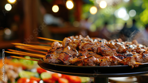 A delectable plate of grilled meat presented at a wedding or restaurant buffet, inviting guests to savor the culinary delights of the occasion.