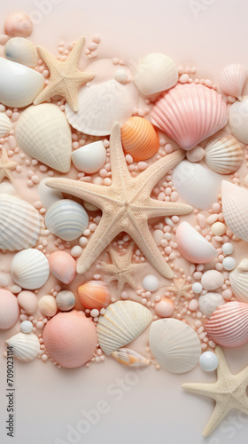 Collection of various sea shells and starfish arranged on a pastel pink background  ideal for marine-themed designs.