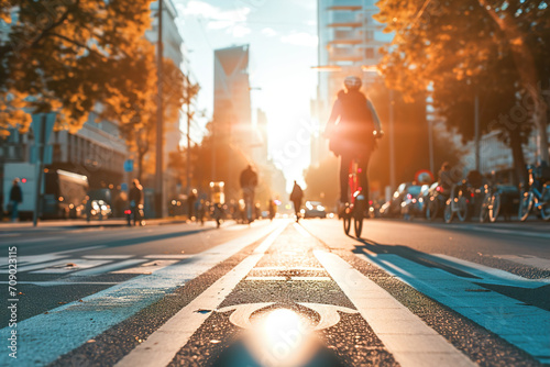 A cityscape with dedicated lanes for bicycles and electric scooters.