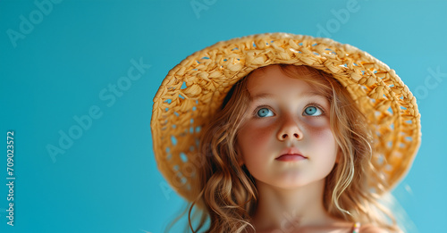 Little girl in yellow sunglasses on a blue background. summer, vacation, travel concept. smiling cute little girl on beach vacation. Baby girl in hat and sun glasses.