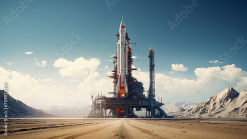 Space rocket is on launch pad before start, spacecraft in desert on sky background. Concept of travel, technology, science, sls, ship photo