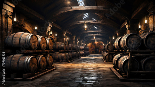 Old wine cellar of winery with wooden barrels, perspective of vintage casks in dark storage. Concept of vineyard, viticulture, production, winemaking, wood, whiskey, panorama