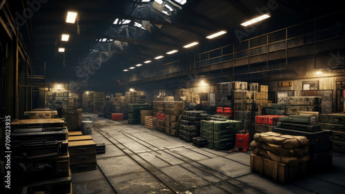 Metal and wooden boxes of guns stored in dark warehouse, packaged weapon inside military storage. Illegal smuggle arsenal of firearm. Concept of war, industry, violence, background, security photo
