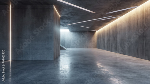 Concrete room background, abstract minimalist interior with grey walls and lines of led light, modern empty space. Concept of white stone garage, texture, hall, building photo