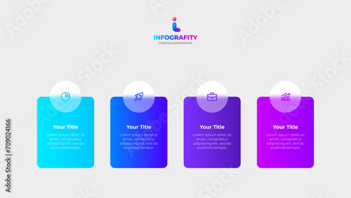 Four banners arranged in a row with circles and glassmorphism effect. Infographic design template with 4 options, steps or processes