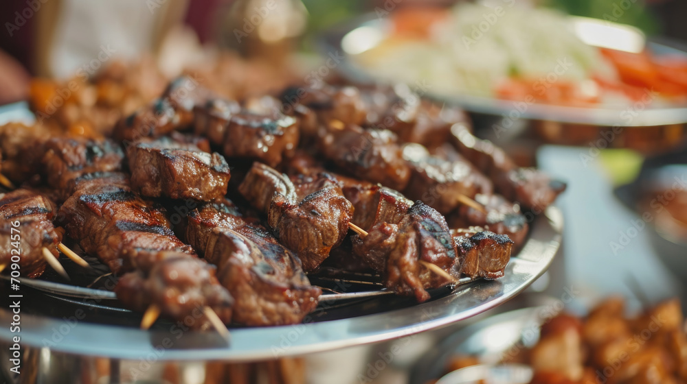 A delectable plate of grilled meat presented at a wedding or restaurant buffet, inviting guests to savor the culinary delights of the occasion. A delectable plate of grilled meat presented at a wedding or restaurant buffet, inviting guests to savor the culinary delights of the occasion.