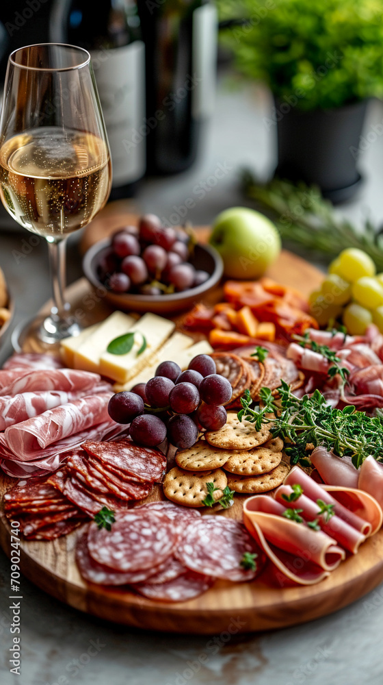 An exquisite board of starters with cold meats, cheeses, fruit and crackers Accompanied by a glass of wine. AI generative.