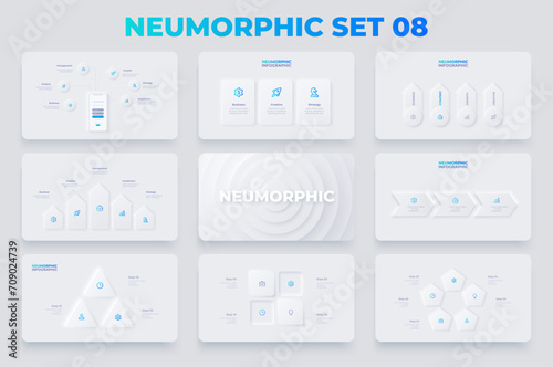 Neumorphism infographics elements set with 3, 4 and 5 options. Arrows, smartphone, cycle and banners diagrams