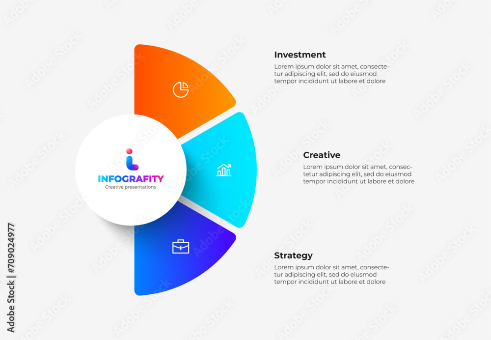Semicircle pie chart divided into 3 parts. Concept of three features of ...