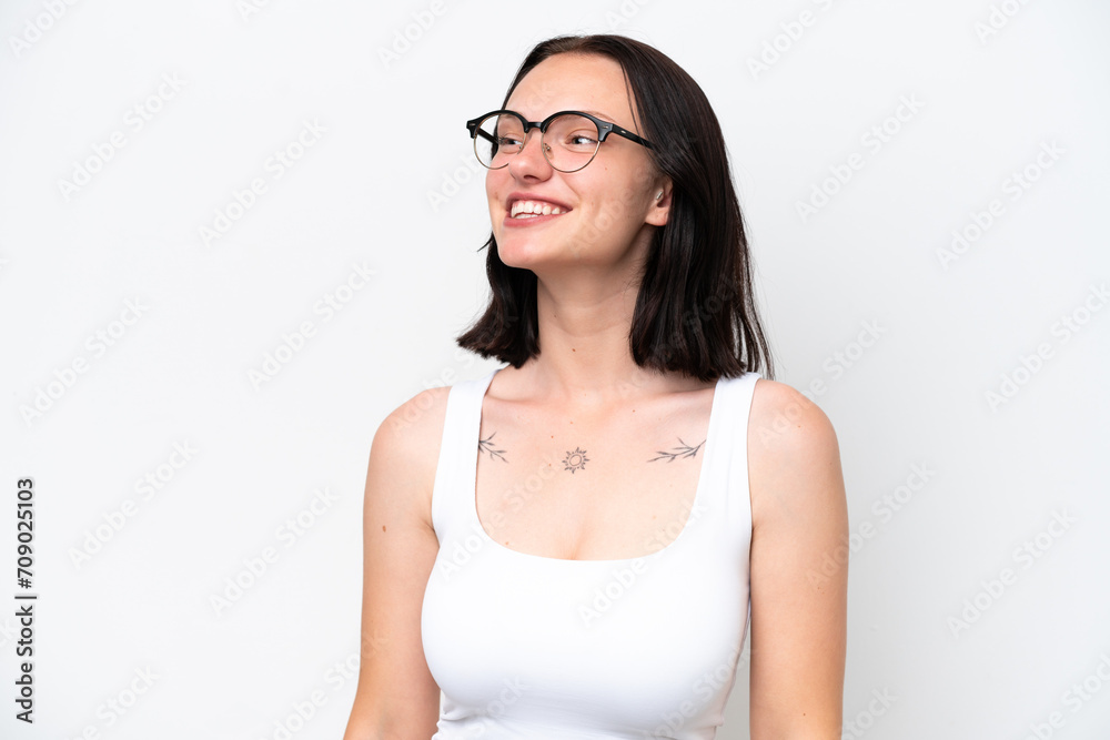 Young caucasian woman isolated on white background With glasses with happy expression Young caucasian woman isolated on white background With glasses with happy expression