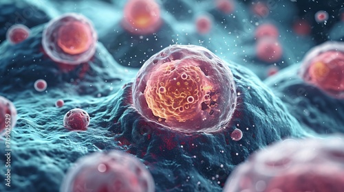 cellular therapy and regeneration, microscopic view of body cells, research of stem cells photo