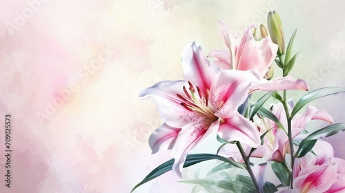 Lilies background: Elegant and beautiful, often associated with devotion and purity, valentine theme, mother's day, watercolor, copy space. © Suwanlee