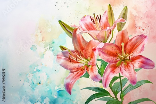 Lilies background  Elegant and beautiful  often associated with devotion and purity  valentine theme  mother s day  watercolor  copy space.