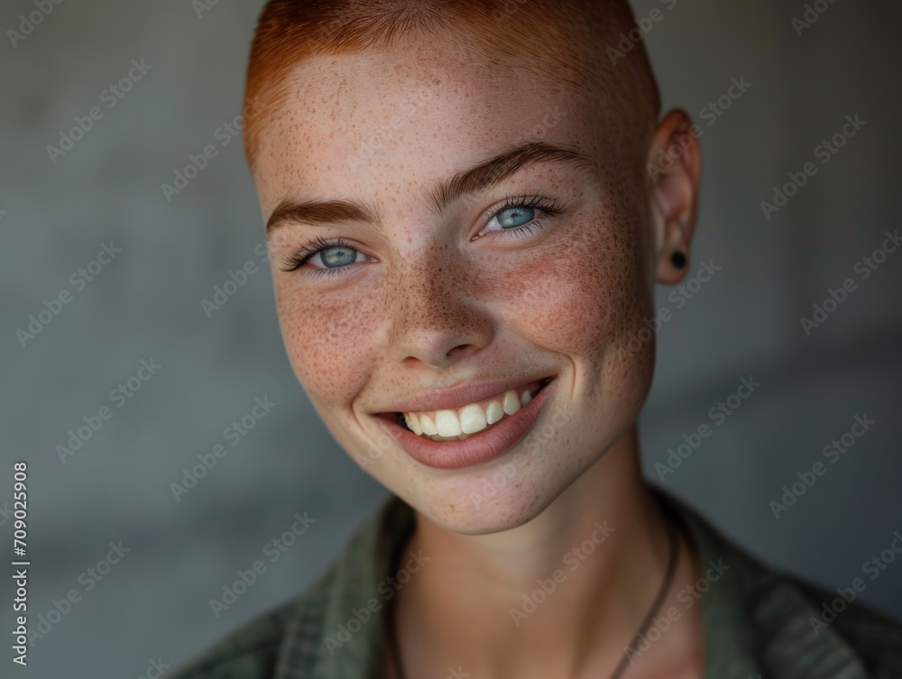 Obraz premium Smiling Woman with Blue Eyes and Shaved Reddish Hair