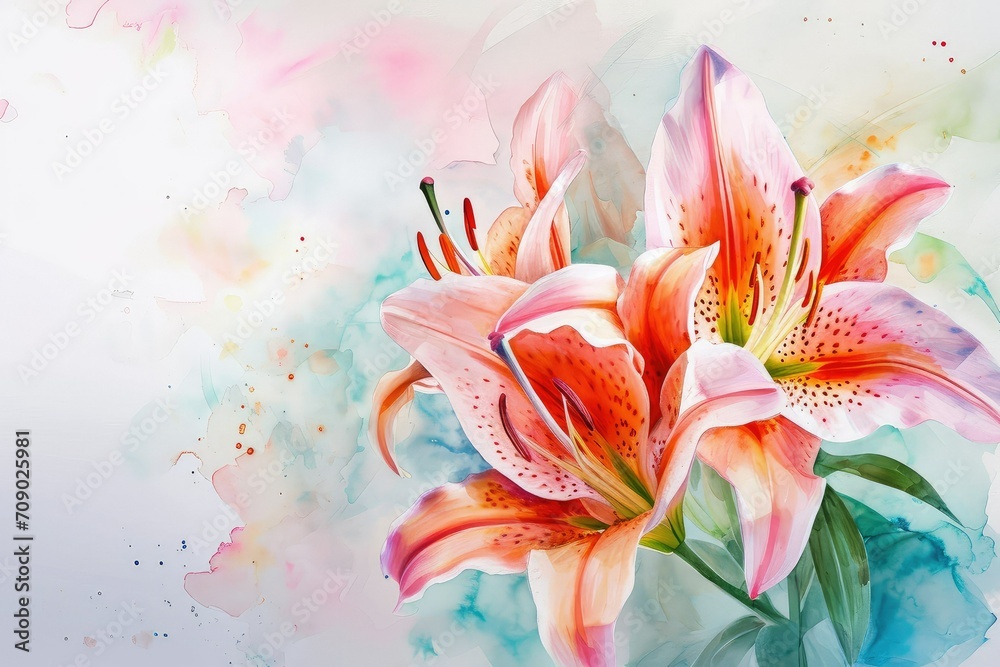 A blooming branch of lily flower background, watercolor, copy space.