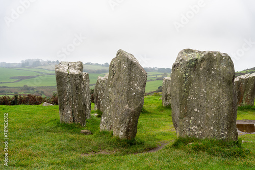 Set of stones placed in the large circle in a typically Irish landscape and belonging to a megalithic complex from the Neolithic era.