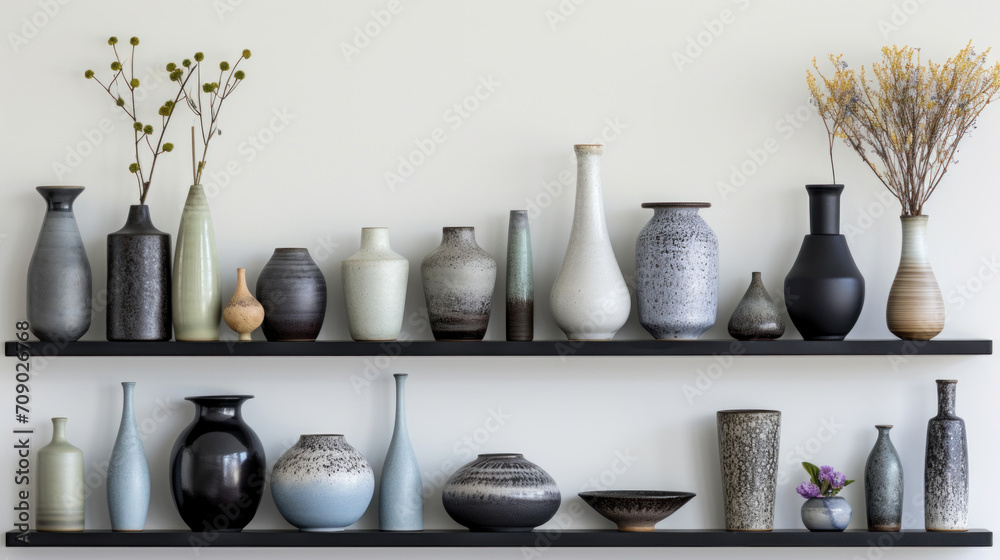 A sophisticated display of ceramic vases in muted colors, showcasing diverse textures and sizes on modern black shelves.