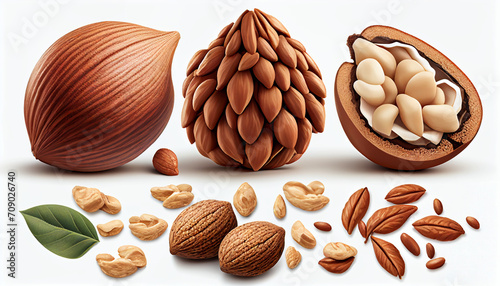 Almond seeds, walnuts, and peanuts are isolated against a white background.